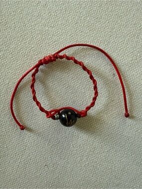 Adjustable Red Braided Cord Bracelet with Black Bead